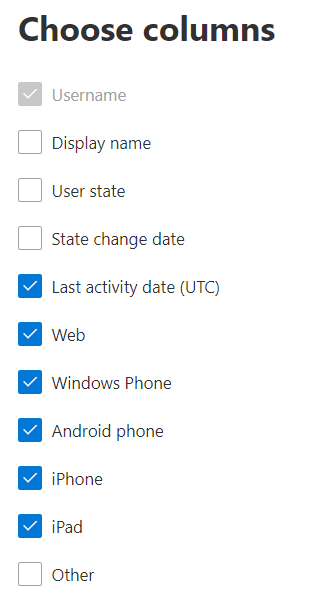 Yammer device usage report - choose columns.