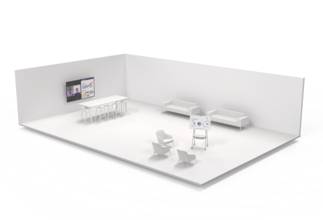 Render of an open space with meeting technology.