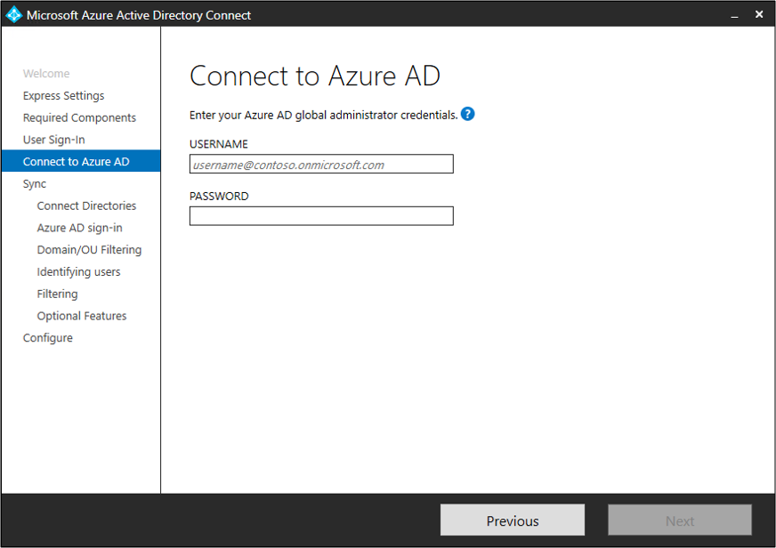 Screenshot showing the "Connect to Azure AD" page.