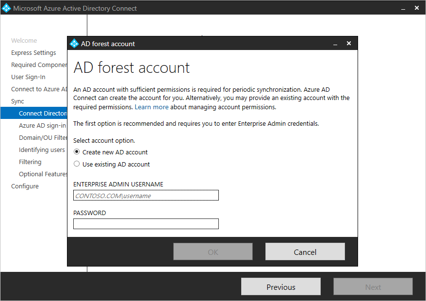 Screenshot showing the "Connect Directory" page and the A D forest account window, where you can choose to create a new account or use an existing account.