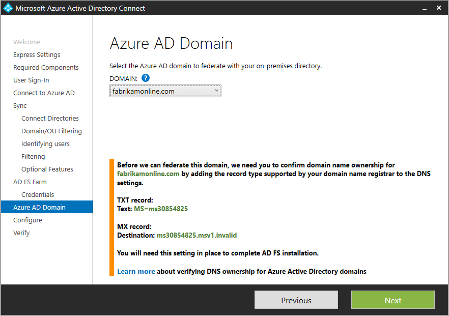 Screenshot showing the "Azure A D Domain" page, including information you can use to verify the domain.