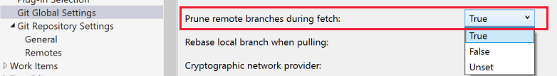Screenshot of the Prune remote branches during fetch setting in Git Global Settings in the Options dialog of Visual Studio.