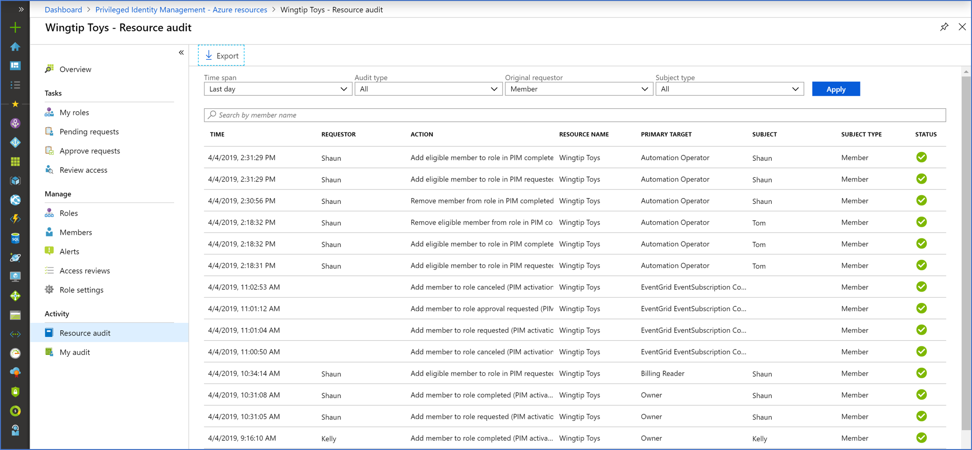 Skärmbild som visar granskningslistan för Microsoft Entra-rollen med filter.