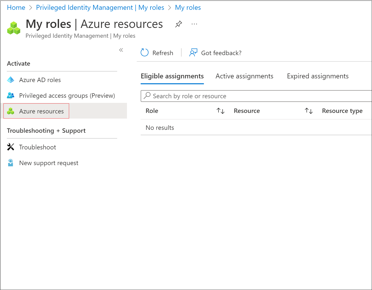 Skärmbild av mina roller – sidan Azure-resursroller.