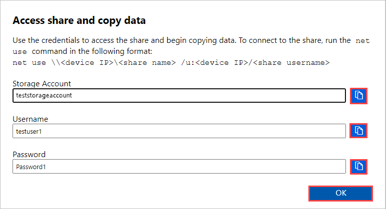Screenshot showing the Access Share And Copy Data dialog box in the local Web UI for an SMB share on the Data Box. The Copy icon for the Storage Account and Password options, and the OK button, are highlighted.