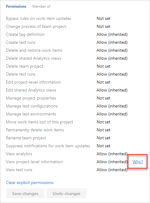 Skärmbild av Välj varför i behörighetslistvyn för information på projektnivå, Azure DevOps Server 2019.