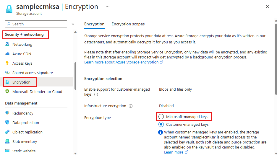 Skärmbild som visar hur du växlar till Microsoft-hanterade nycklar för ett lagringskonto.