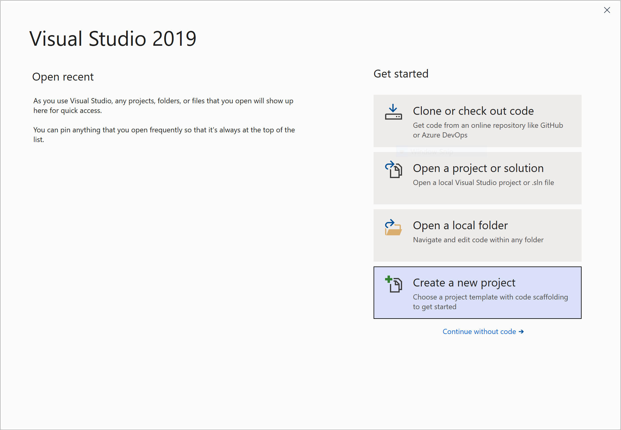 Create a new project button selected on the Visual Studio start page
