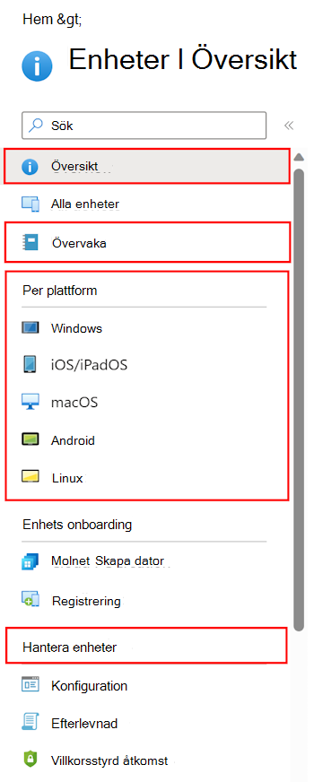 Skärmbild som visar hur du väljer Enheter för att se vad du kan konfigurera och hantera i Microsoft Intune.