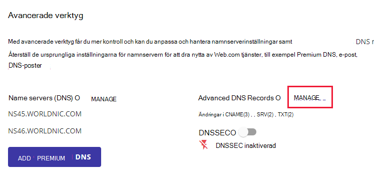 Bredvid Avancerade DNS-poster väljer du HANTERA.