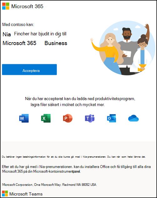 Skärmbild: Acceptera inbjudan att gå med i Microsoft 365 för företag-organisation