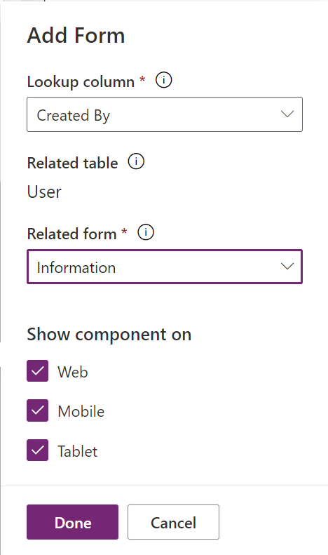 Lägga till kontroll för form component för en enskild relaterad tabell