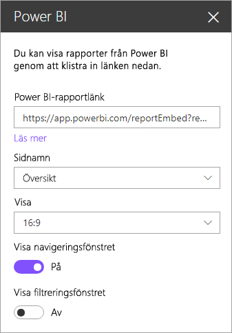 Skärmbild av dialogrutan Egenskaper för den nya SharePoint-webbdelen med länken för Power BI-rapporten markerad.