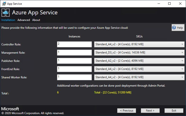 Skärmbild som visar skärmen där du anger antalet rollinstanser och deras motsvarande beräknings-SKU i App Service Installer