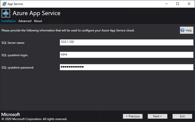 Skärmbild som visar skärmen där du anger anslutningsinformation för SQL Server i installationsprogrammet för App Service