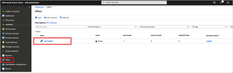 Skärmbild som visar hur du väljer ett erbjudande att uppdatera med tilläggsplan i Azure Stack-administratörsportalen.