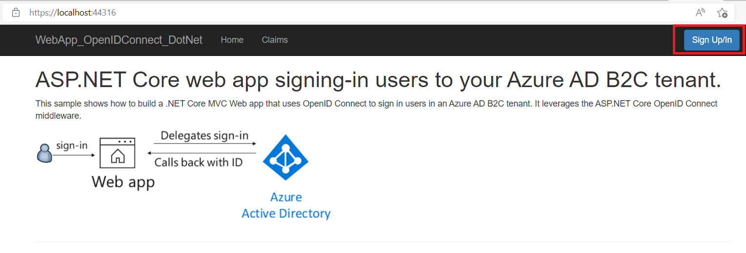 Screenshot of the sign in and sign up button on the project Welcome page.
