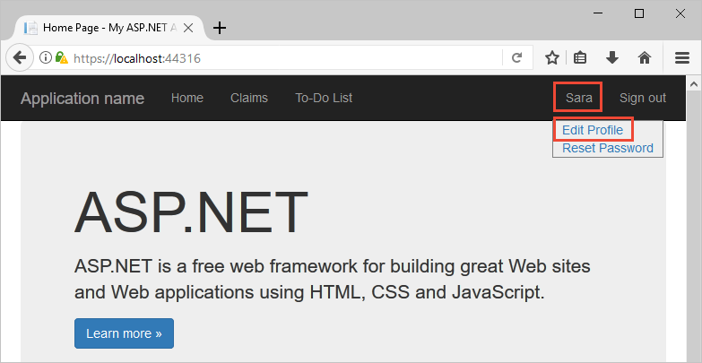 Skärmbild av exempelwebbappen i webbläsaren med länken redigera profil markerad
