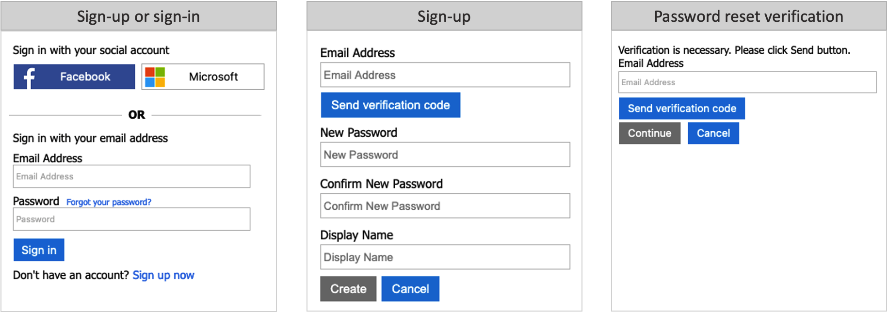 En serie skärmbilder som visar hur du registrerar dig eller loggar in via e-post.
