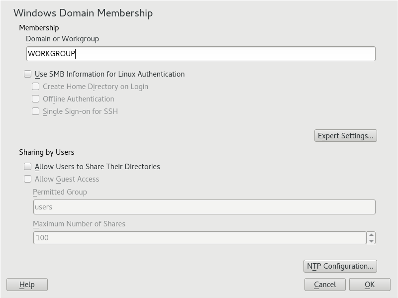 Example screenshot of the Windows Domain Membership window in YaST