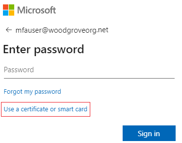 Skärmbild av Använd ett certifikat eller smartkort.