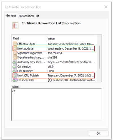 Skärmbild av det återkallade användarcertifikatet i listan över återkallade certifikat.