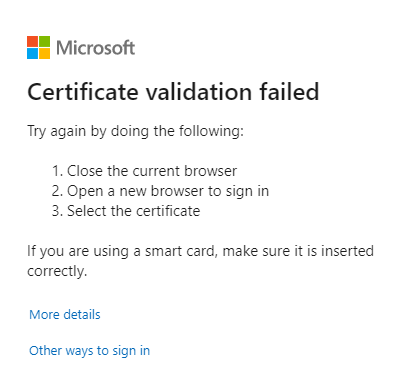 Skärmbild av ett certifikatverifieringsfel.