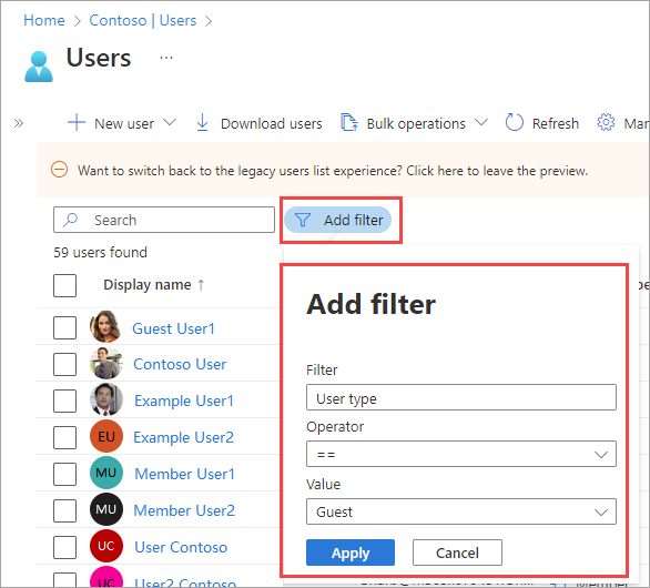 Skärmbild som visar hur du lägger till ett filter av användartyp för gäster.