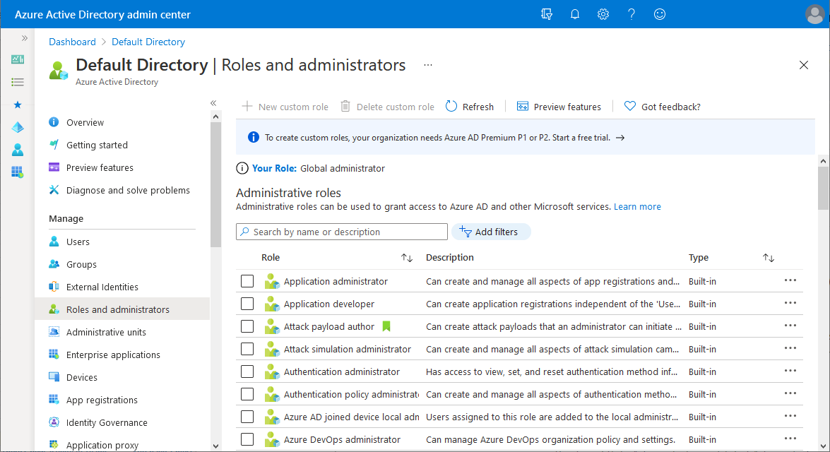 Skärmbild av sidan Roller och administratörer i Microsoft Entra-ID.