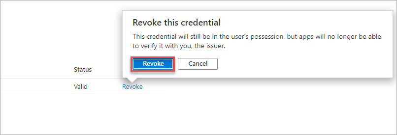 Skärmbild som visar en varning som anger att användaren fortfarande har autentiseringsuppgifterna efter återkallningen.