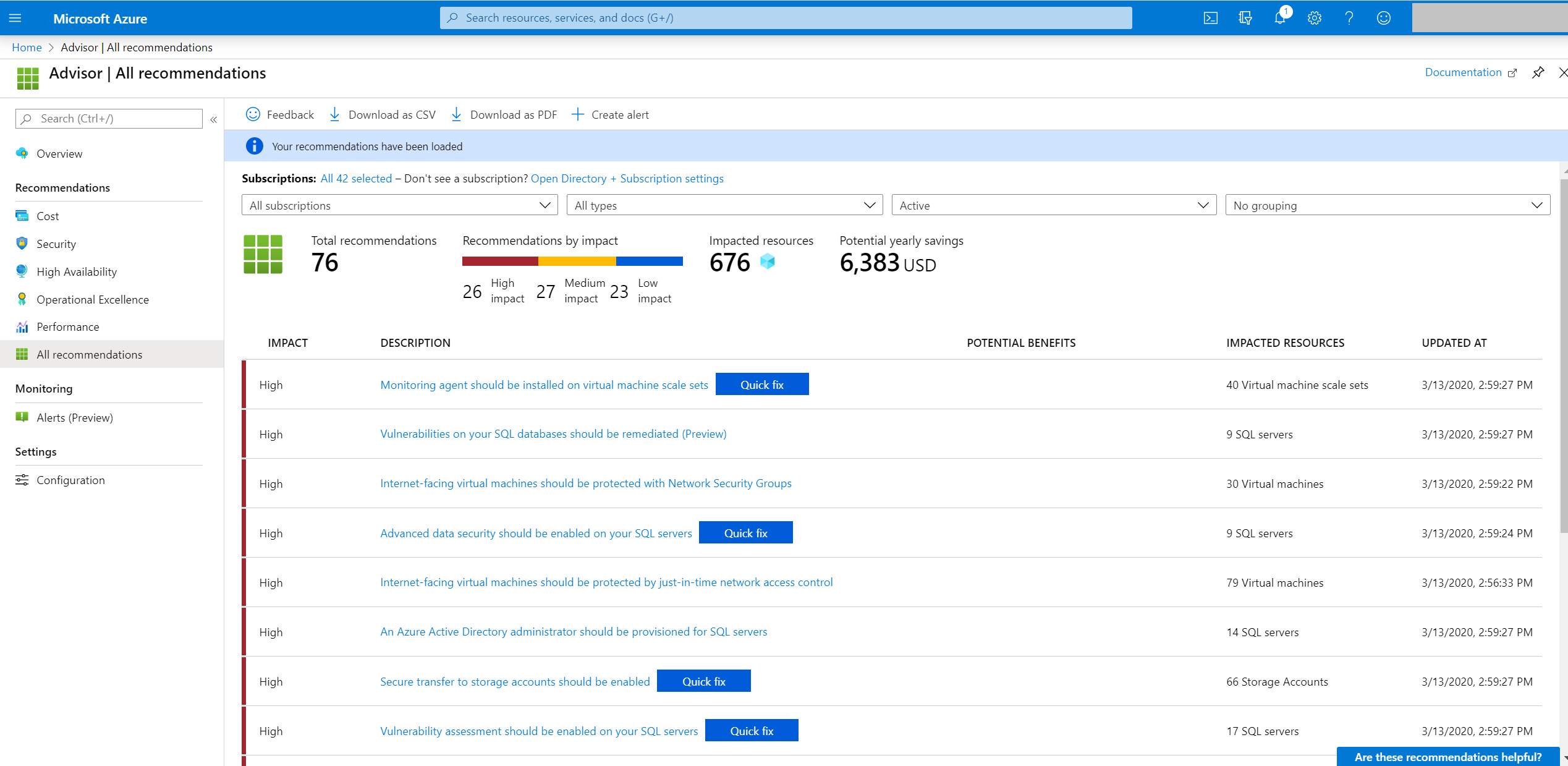 {Skärmbild av Azure Advisor som visar snabbkorrigeringsetiketter i rekommendationerna.}