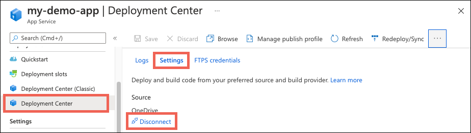 Shows how to disconnect your cloud folder sync with your App Service app in the Azure portal.