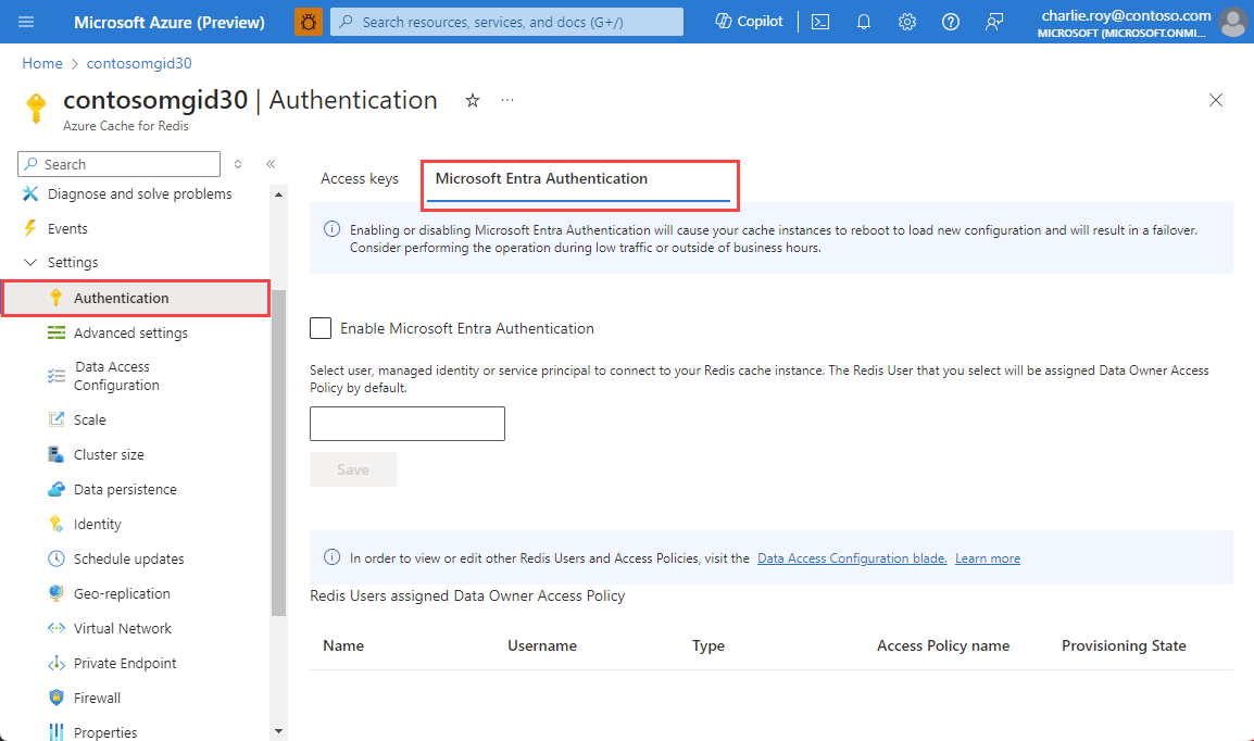 Skärmbild som visar autentisering som valts på resursmenyn och Microsoft Entra-ID i arbetsfönstret.