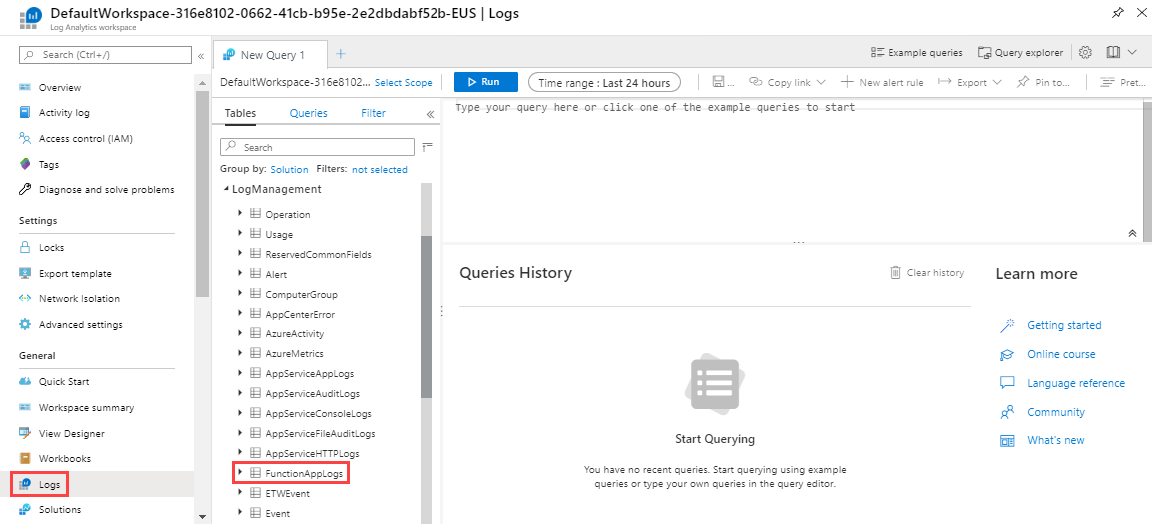 Skärmbild av frågefönstret för Azure Functions på en Log Analytics-arbetsyta.