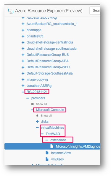 Skärmbild som visar hur du går till WAD-konfiguration i Azure Resource Explorer.