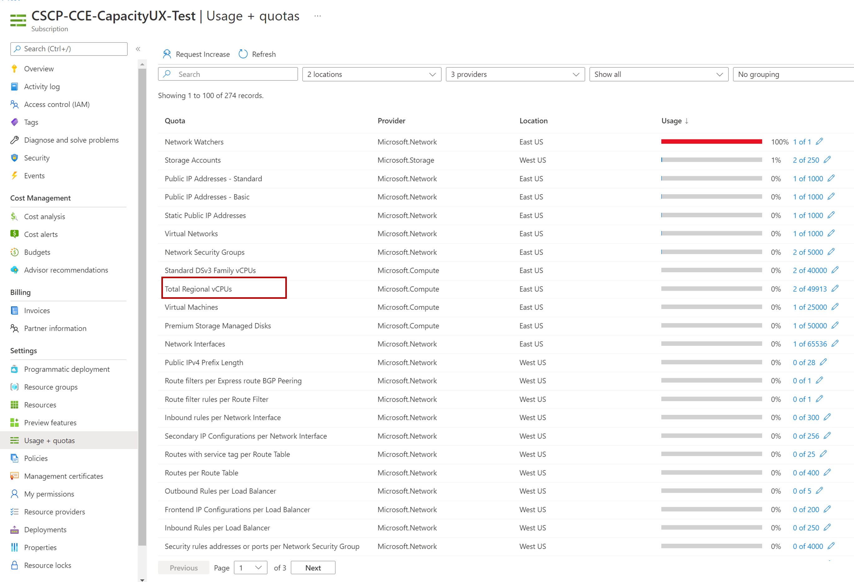 Screenshot of the Usage + quotas screen showing Total Regional vCPUs in the Azure portal.