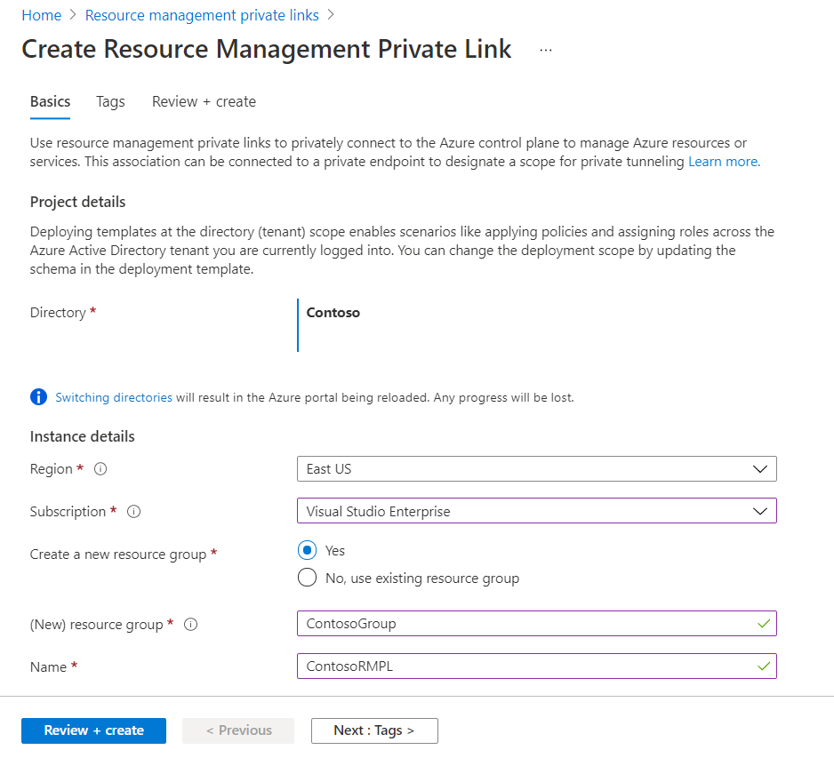 Skärmbild av Azure-portalen med fält för att ange värden för den nya privata länken för resurshantering.