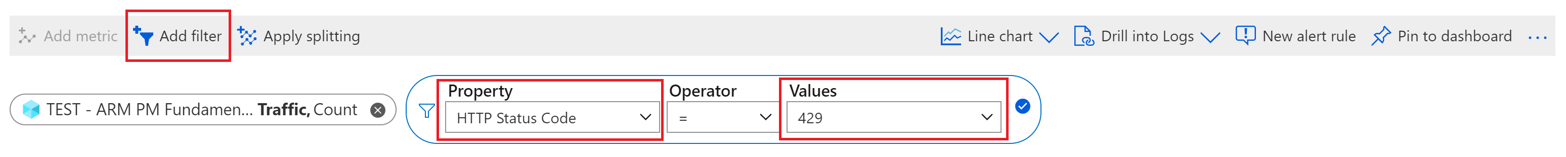 Skärmbild av filtrering av HTTP-statuskod till 429 svar endast i Azure Portal.