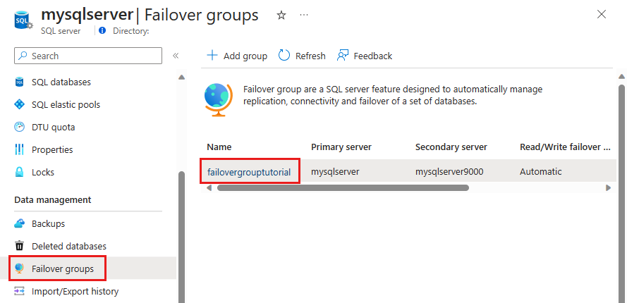 Screenshot shows Failover groups where you can select a failover group for your SQL Server.