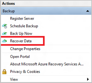 Screenshot of Azure Backup, with Recover Data highlighted (restore to same machine)