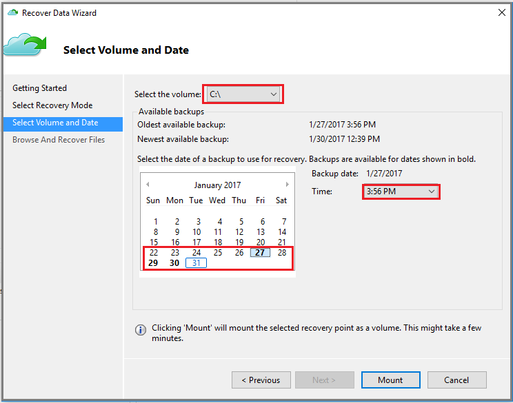 Screenshot of Recover Data Wizard Select Volume and Date page (restore to same machine)