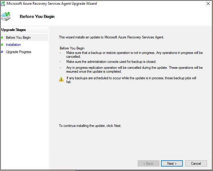 Skärmbild som visar installationsguiden för Microsoft Azure Recovery Services Agent.