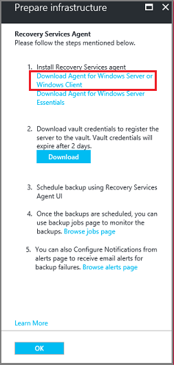 Skärmbild som visar hur du laddar ned MARS-agenten för Windows Server eller Windows-klienten.