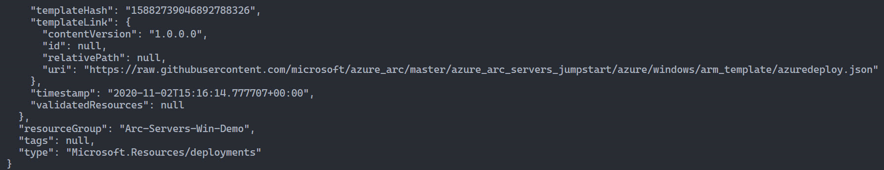 A screenshot of an output from an ARM template.