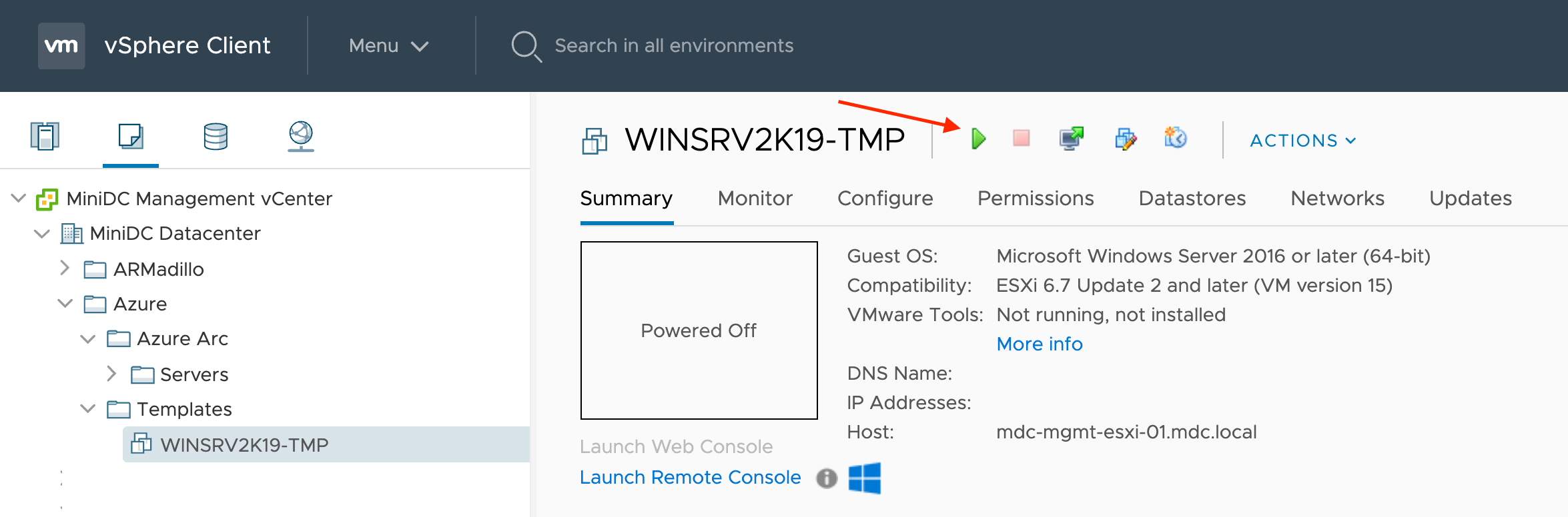 Skärmbild av knappen Windows Server-körning i vSphere-klienten.