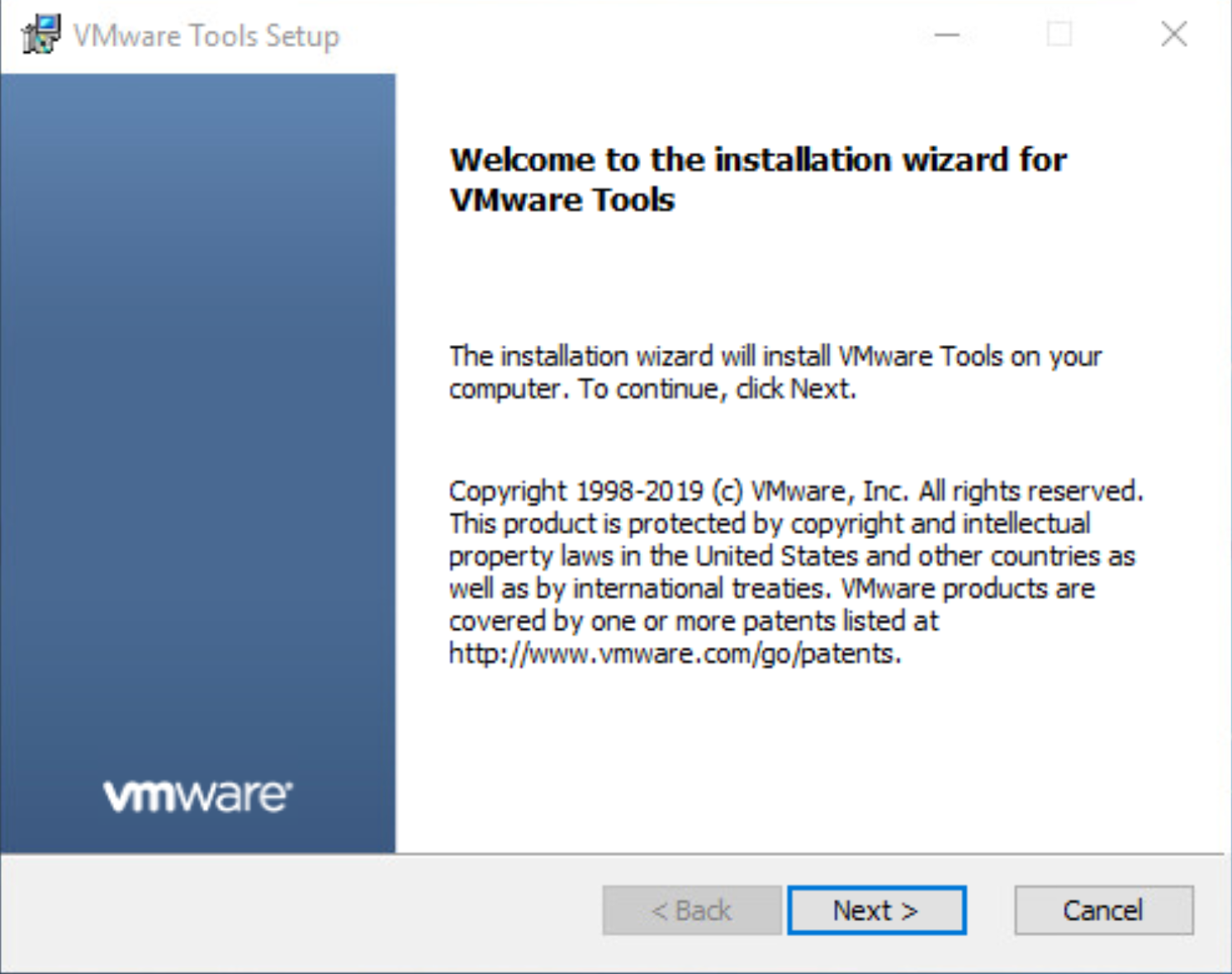 Skärmbild av installationsfönstret för VMware Tools som innehåller installationsguiden.