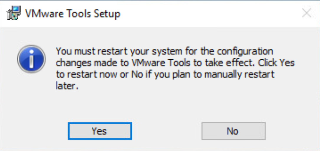 Skärmbild av dialogrutan Installation av VMware Tools som kräver en omstart av systemet.