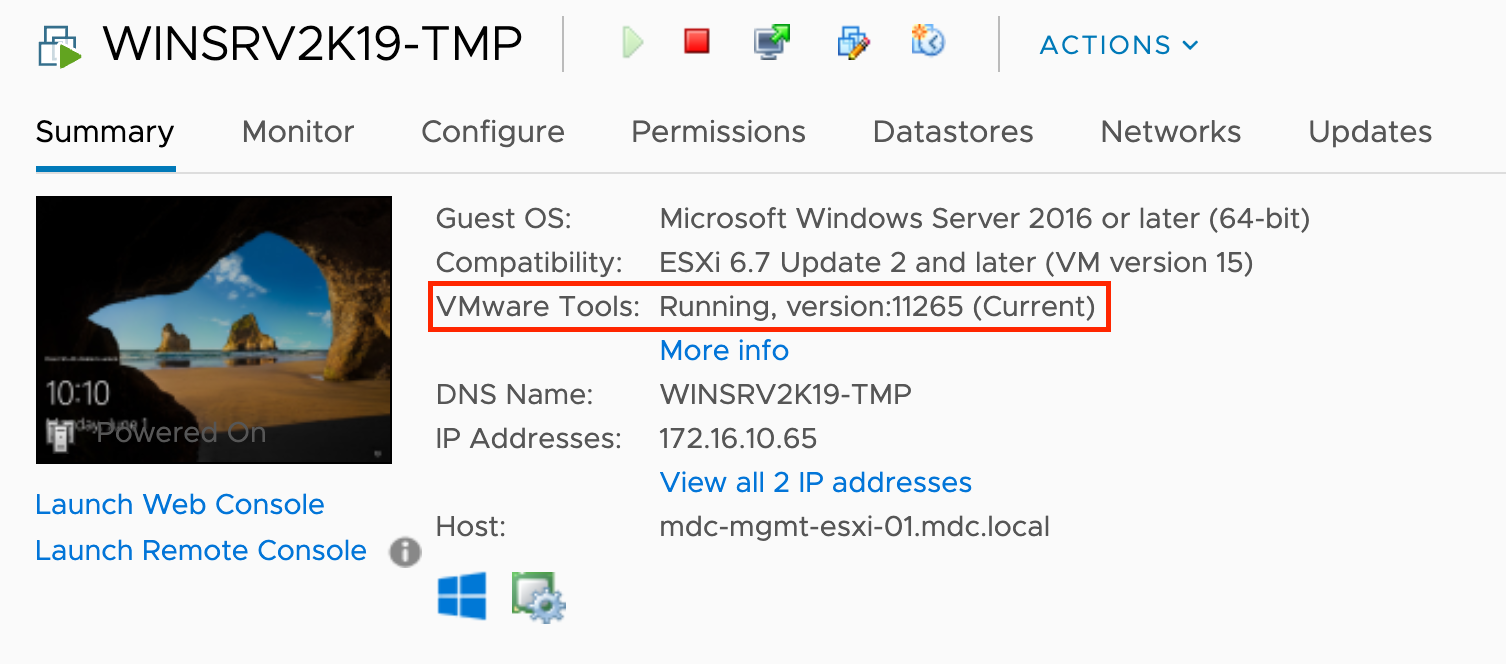 Skärmbild av vSphere-klienten som visar status för VMware Tools.