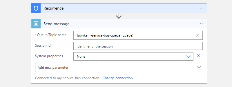 Skärmbild som visar arbetsflöde för förbrukning, Service Bus-åtgärd och exempel på åtgärdsinformation.
