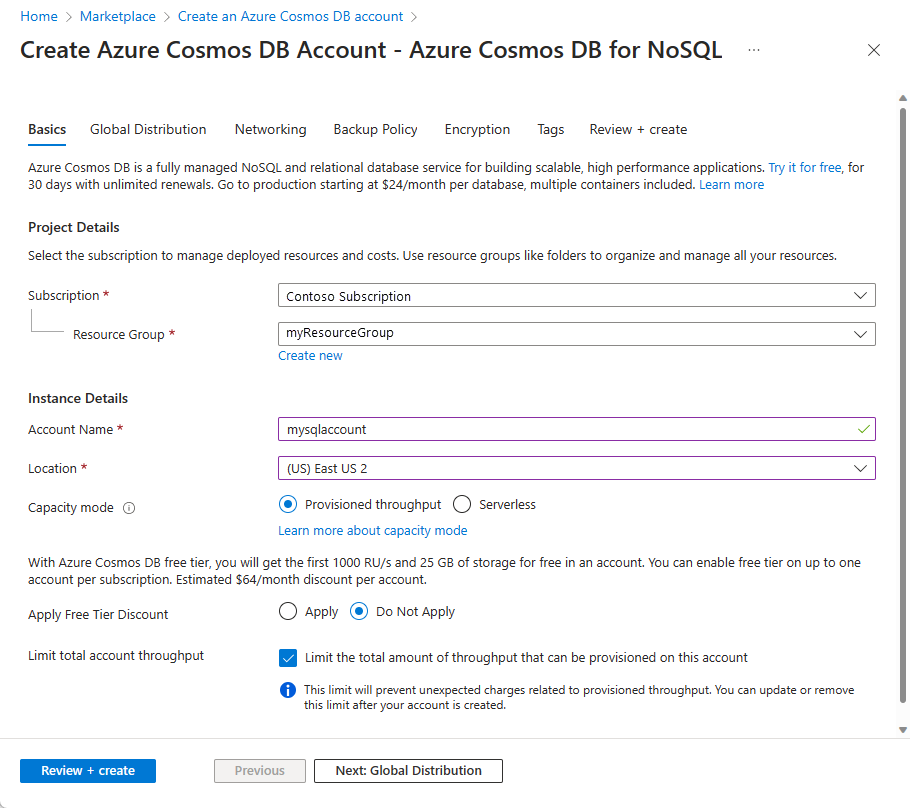 Den nya kontosidan för Azure Azure Azures DB